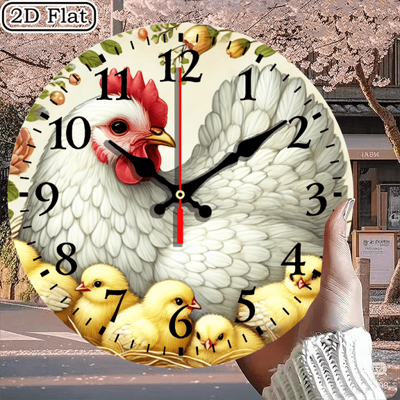 Farmhouse Hen and Chicks Wall Clock, Decorative Floral Circle Clock for Kitchen or Nursery, 10x10 Inch Round, Battery Not Included, 1pc