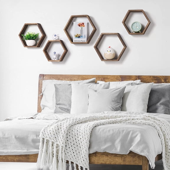 Farmhouse Hexagon Wall Shelves Wood Set of 6 + Special Deal + Rustic Storage & Decorative Display + Great for Hallway & Living Room