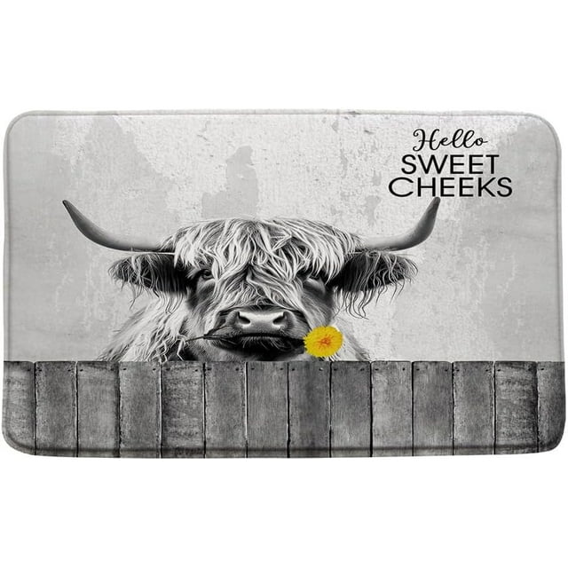 Farmhouse Highland Cow Bath Mat Rustic Flower Longhorn Animal Hello