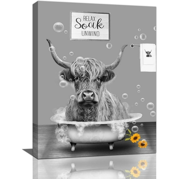 Farmhouse Highland Cow Bathroom Wall Art Funny Highland Cattle Bathroom Pictures Wall Decor Cow on Bathtub Relax Soak Unwind Animal Bathroom Sign Canvas Painting Print Artworks Framed Toilet 12"x16"