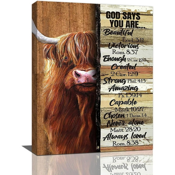Farmhouse Highland Cow Decor Wall Art Farm Cow Inspirational Quotes God Says You are Pictures Wall Decor Canvas Painting Prints Artwork Decorations Unframed for Bathroom Bedroom Kitchen