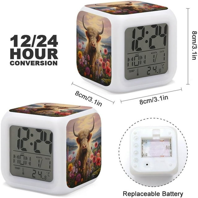 Farmhouse Highland Cow Flower 7 Colors Change Digital Alarm Clock Led