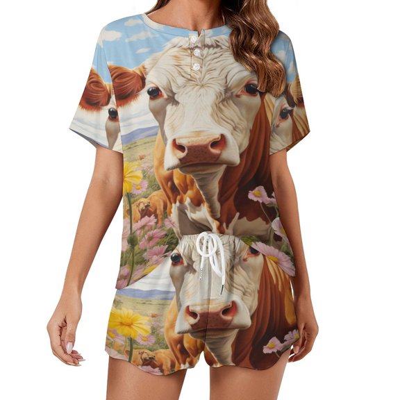 Farmhouse Highland Cow Funny Cattle And Flower 2 Pack Women’s Pajama Set Print Sleepwear And Shorts Y2k Loungewear Sets S-5XL