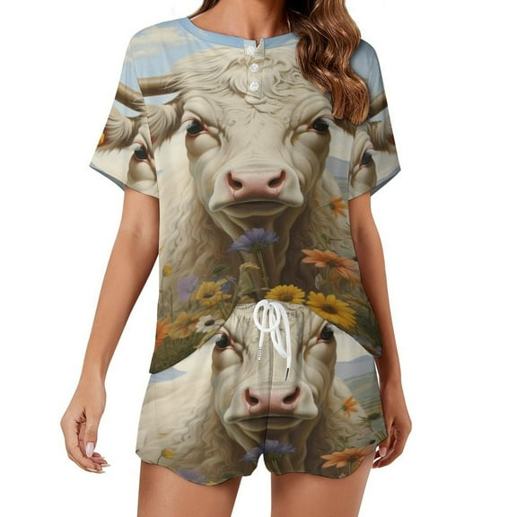 Farmhouse Highland Cow Funny Cattle And Flower 2 Pack Women’s Pajama Set Print Sleepwear And Shorts Y2k Loungewear Sets S-5XL