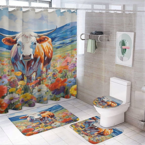 Farmhouse Highland Cow Funny Cattle And Flower 4PCS Shower Curtain Sets with Rugs with Non-Slip Bath Mat Toilet Rug,72" X 72"