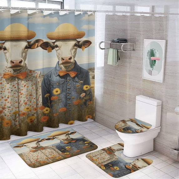 Farmhouse Highland Cow Funny Cattle And Flower 4PCS Shower Curtain Sets with Rugs with Non-Slip Bath Mat Toilet Rug,72" X 72"