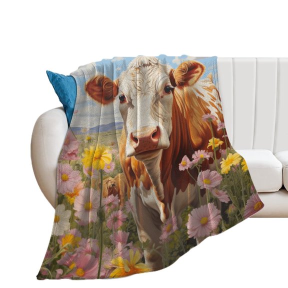 Farmhouse Highland Cow Funny Cattle And Flower Blanket for Bed Throw Blanket for Women, Men And Kids Super Soft Plush Blanket Throw, Print Blanket, Blanket for Kids