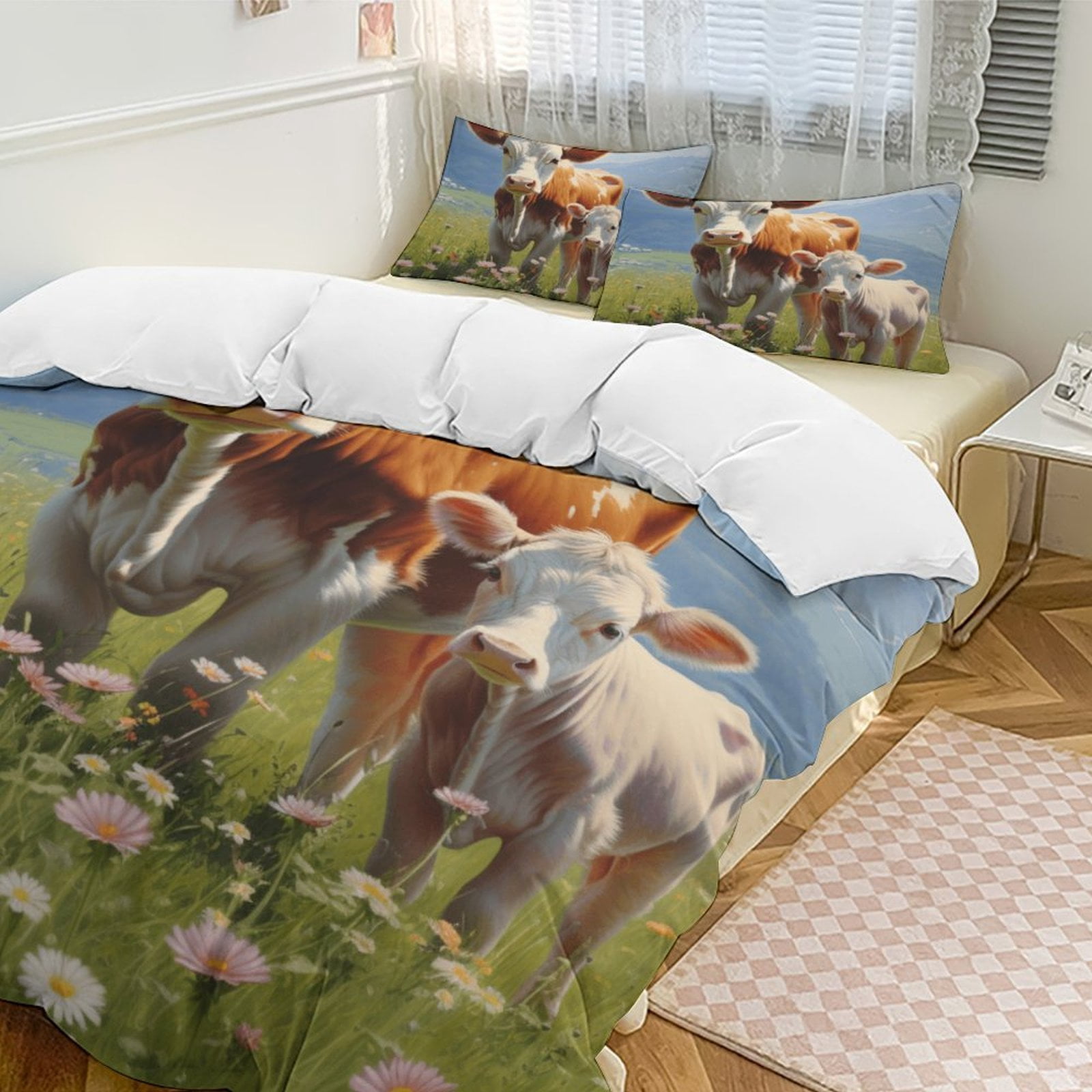 Farmhouse Highland Cow Funny Cattle And Flower Duvet Cover Set Pattern ...