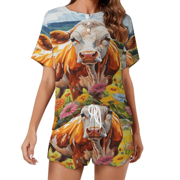 Farmhouse Highland Cow Funny Cattle And Flower Pajama Set for Women 2 Piece Sleepwear Loungewear Short Sleeve