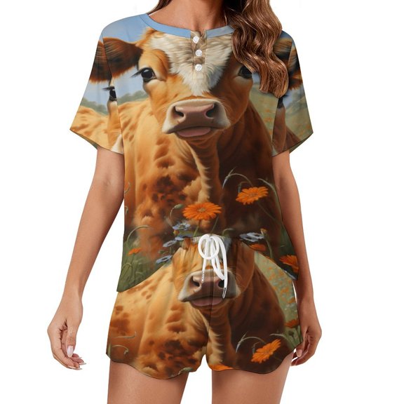 Farmhouse Highland Cow Funny Cattle And Flower Pajama Set for Women 2 Piece Sleepwear Loungewear Short Sleeve