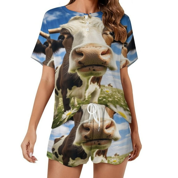 Farmhouse Highland Cow Funny Cattle And Flower Pajama Set for Women 2 Piece Sleepwear Loungewear Short Sleeve