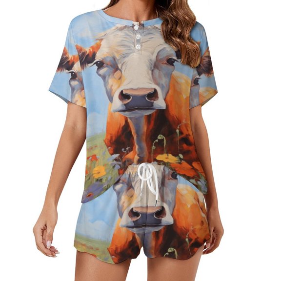 Farmhouse Highland Cow Funny Cattle And Flower Pajama Set for Women 2 Piece Sleepwear Loungewear Short Sleeve