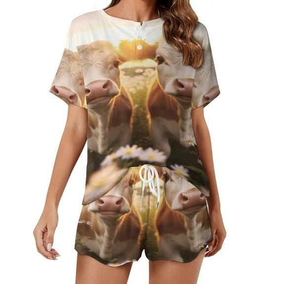 Farmhouse Highland Cow Funny Cattle And Flower Pajamas Set Womens Loungewear Sleepwear 2 Piece PJ Sets