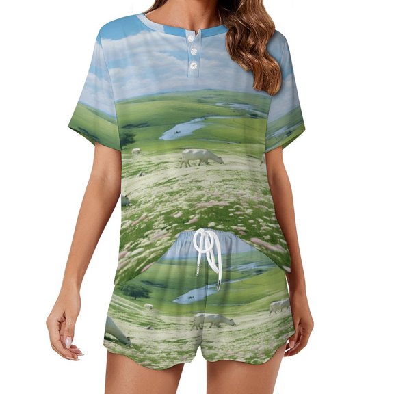 Farmhouse Highland Cow Funny Cattle And Flower Print Women'S Pajamas Set Summer Sleepwear Sets 2 Piece Lounge Set