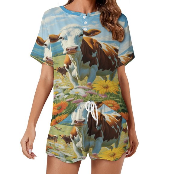 Farmhouse Highland Cow Funny Cattle And Flower Print Women'S Pajamas Set Summer Sleepwear Sets 2 Piece Lounge Set