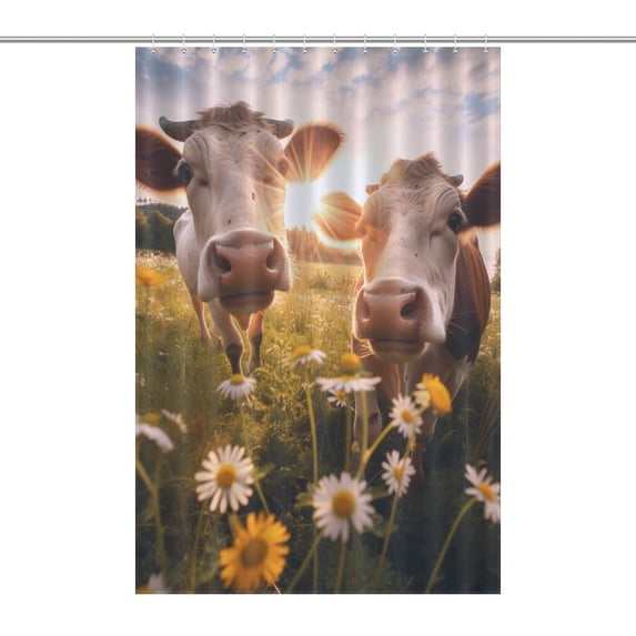 Farmhouse Highland Cow Funny Cattle And Flower Shower Curtain Cloth Fabric Bathroom Decor with Hooks