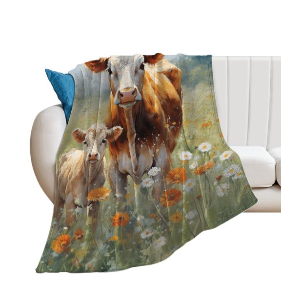 Farmhouse Highland Cow Funny Cattle And Flower Soft Print Blanket Throw Blankets Warm Cozy Lightweight Couch Blanket Stuff Gifts for Women Girls Kids Mom Teens Boys