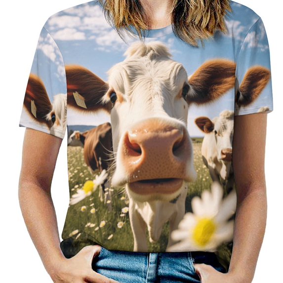 Farmhouse Highland Cow Funny Cattle And Flower Women's Short Sleeve T-Shirt Crew Neck Casual Summer Trendy Loose Fit Tops
