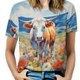 thumbnail image 1 of Farmhouse Highland Cow Funny Cattle And Flower Womens Tops Women's Fashion Casual Short Sleeve Flower Print Round Neck Pullover Top Blouse, 1 of 6