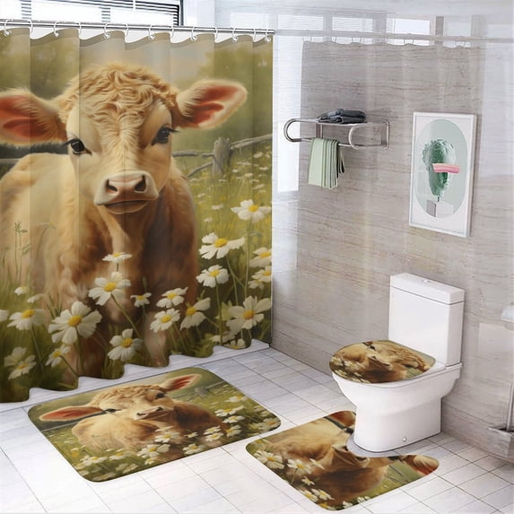 Farmhouse Highland Cow Funny Cattle And Flower 4 Pcs Shower Curtain Set with Rug Bathroom Sets with Waterproof Fabric And Non-Slip Rugs Toilet Lid Cover Bath Mat Decor with Hooks