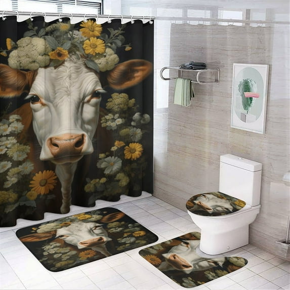 Farmhouse Highland Cow Funny Cattle And Flower 4 Piece Shower Curtain Sets, Non-Slip Rugs, Toilet Lid Cover And Bath Mat, for Bathroom Decor Set, 72" X 72"