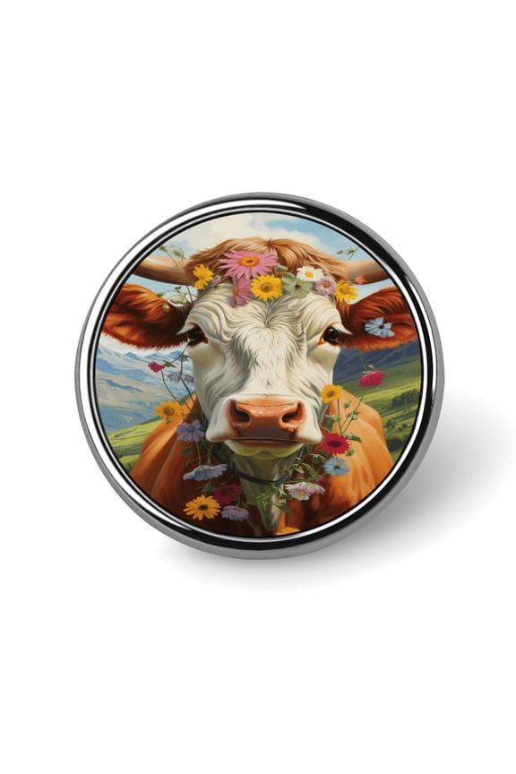 Farmhouse Highland Cow Funny Cattle And Flower Aluminium Alloy Round Badge Brooch Pins for Men Funny Brooches Elegant Pin for Women Fashion Button Badges Brooch for Hats Jackets Shirts