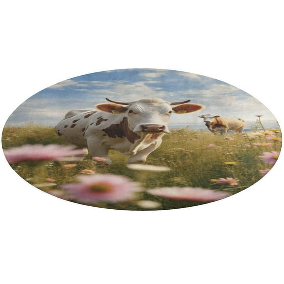 Farmhouse Highland Cow Funny Cattle And Flower Floral Medallion Round Rug - Small Round Area Rug, Soft Non-Slip Machine Washable Bedroom Mat Indoor Accent Entry Carpet for Office Desk Dorm Hallway
