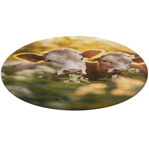 Farmhouse Highland Cow Funny Cattle And Flower Round Rugs -Washable Non-Slip Small Round Area Rug Throw Soft Circle Rugs for Bedroom, Modern Print Indoor Carpet for Entryway Sofa Living Room