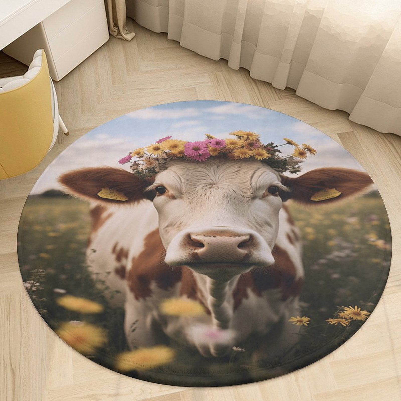 Farmhouse Highland Cow Funny Cattle And Flower Round Rugs -Washable Non ...