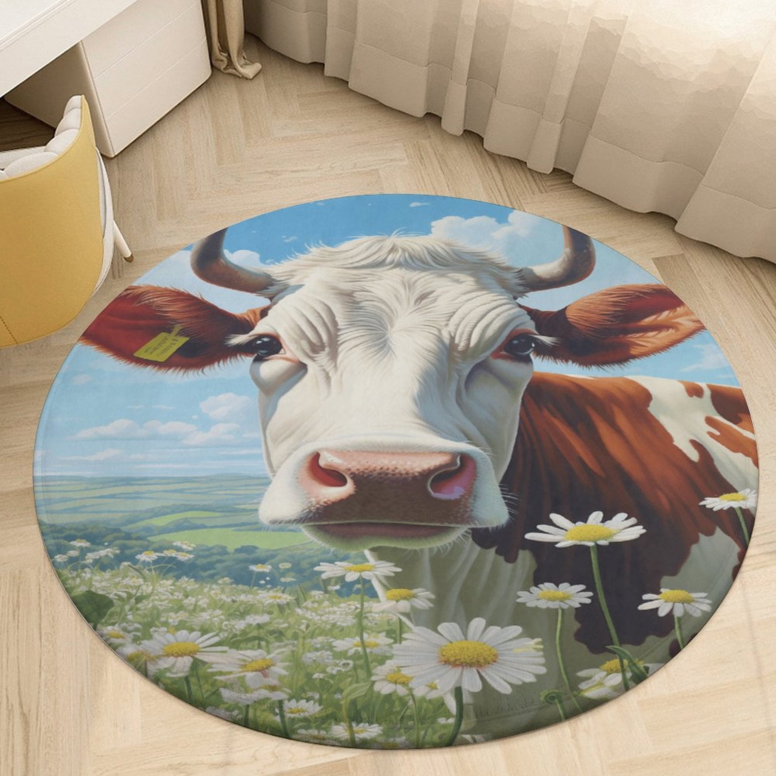 Hay Like Round Rug Farmhouse Highland Cow Funny Cattle And Flower Round Rugs -Washable Non ...