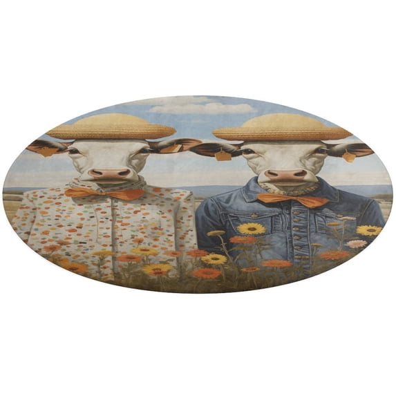 Farmhouse Highland Cow Funny Cattle And Flower Soft Bedroom Round Area Rug, Washable Cute Nursery Circle Throw Mat, Non-Slip Contemporary Small Low Pile Floor Carpet for Dorm Bedside