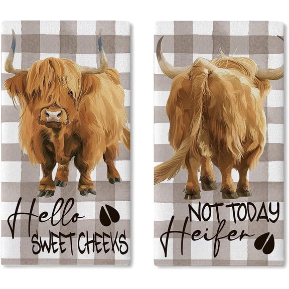 Farmhouse Highland Cow Kitchen Dish Towels Set of 2, Farm Animal Hello Sweet Cheeks Bathroom Drying Hand Towel Baking Cooking Cloth, Not Today Heifer Plaid Toilet Washroom Home Decor 18''x26''