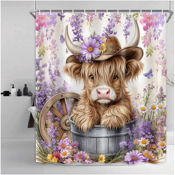 Farmhouse Highland Cow Shower Curtain, Purple Rustic Floral Highland Cow Bathroom Curtain Decor, Waterproof Western Country Funny Bull Bath Curtain with 12 Hooks,70X84