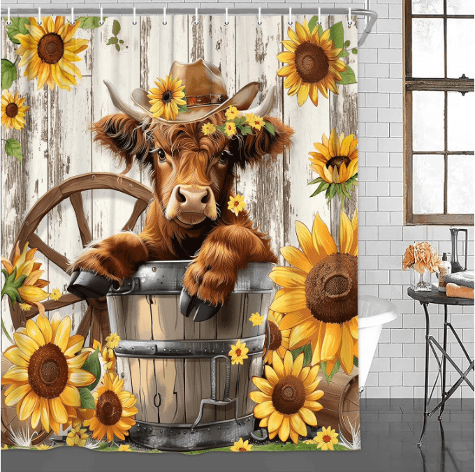 Farmhouse Highland Cow Shower Curtain, Rustic Cow Shower Curtain Set Farmhouse Bull Sunflower Bathroom Curtain Decor, Waterproof Western Farm Country Bull Bathroom Curtain With Hooks,70X75 Inch