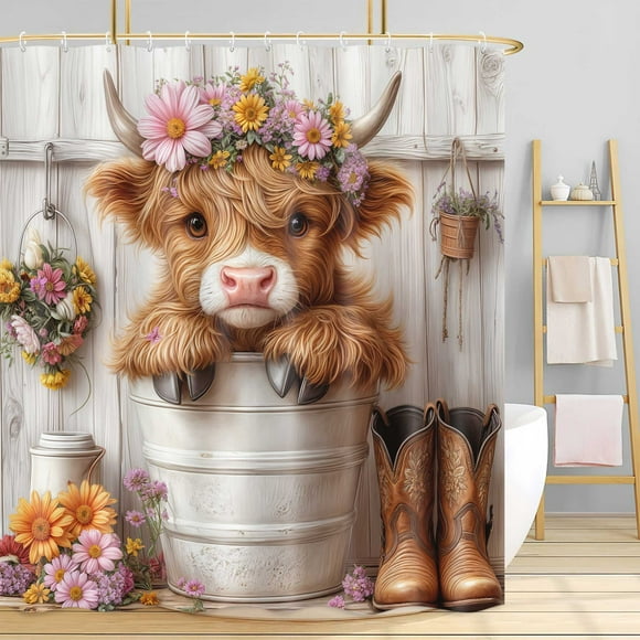 Farmhouse Highland Cow Shower Curtain, Rustic Floral Funny Highland Cow Shower Curtains, Spring Western Cowboy Bull Daisy Cute Calf Country Farm Animal Bathroom Decor with 12 Hooks 72x72 inch