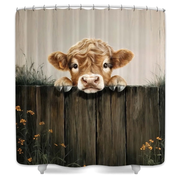 Farmhouse Highland Cow Shower Curtain,Rustic Flowers Plants Cow Bathtub Curtain,Country Home Camping Lodge Bathroom Decoration with Hooks,69X70 in
