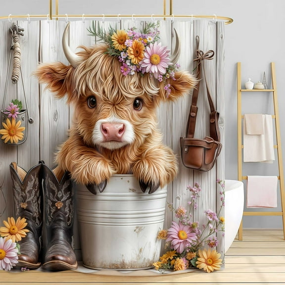 Farmhouse Highland Cow Shower Curtain, Rustic Western Cowboy Bull Daisy Floral Funny Highland Cow Shower Curtains, Spring Cute Calf Country Farm Animal Bathroom Decor with 12 Hooks 72x72 inch