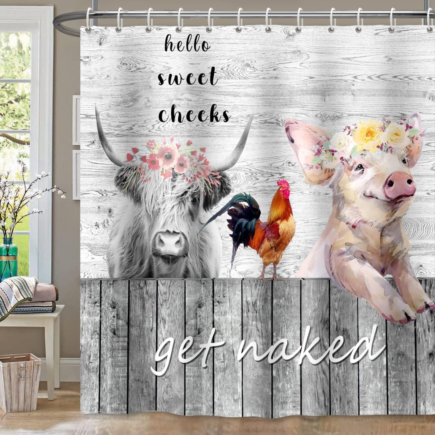 Multicolor Farmhouse Animal Print Waterproof Fabric Shower Curtain with Hooks