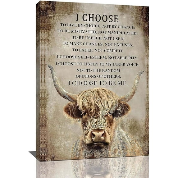 Farmhouse Highland Cow Wall Art Rustic Cow Picture Wall Decor I Choose To Be Me Motivational Canvas Painting Print Cattle Inspirational Quotes Unframed