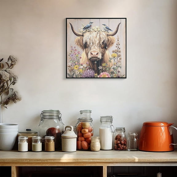 Farmhouse Highland Cow Wall Decor in Neutral colour: Rustic Cow and Chrysanthemum picture Canvas Art Print, Gift for Bathroom or Kitchen, Ideal Animal Artwork for Living Room 24*24INCH