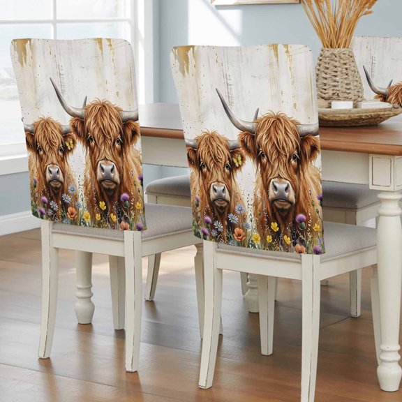 Farmhouse Highland Cows Floral Chair Covers Set of 8 Rustic Garden Flower Chair Back Covers Stretch Removable Washable Slipcovers Protector for Dining Room Kitchen Party Decor