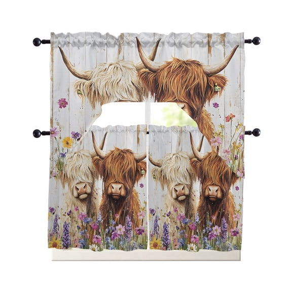 Farmhouse Highland Cows Kitchen Curtains Set for Windows 3 Piece Cafe Curtains 24 Inch Length Swag Curtains Valances and Tier Set Meadow Flowers Country Rustic Drapes for Bedroom Bathroom Living Room