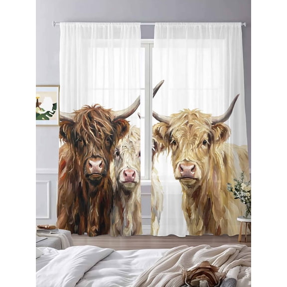 Farmhouse Highland Cows Sheer Curtains 2 Panels Set Watercolor Three Highland Cattle Lihgt Filtering Rod Pocket Voile Drape,Semi Sheer Window Curtains for Bedroom Living Room,52"x84"