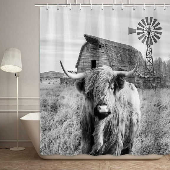Farmhouse Highland Grey Cow Shower Curtain for Bathroom, Rustic Funny Western Wildlife Shower Curtains, Vintage Windmill Western Country Restroom Bathtub Curtain Set Decor Accessories with Hooks