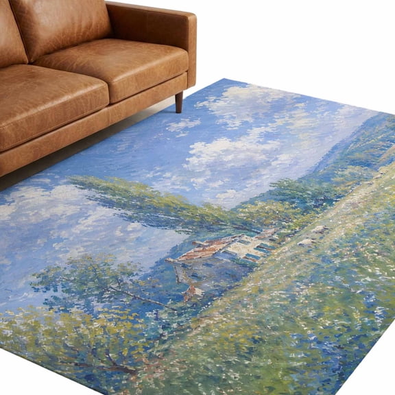 Farmhouse Hill 9'x12' Large Area Rugs Summer Flower Green Tree Cloud Oil Painting Texture Washable Area Rugs Non-Slip Indoor Floor Mats for Villa Parlour, Hotel Lounge, Recreation Room