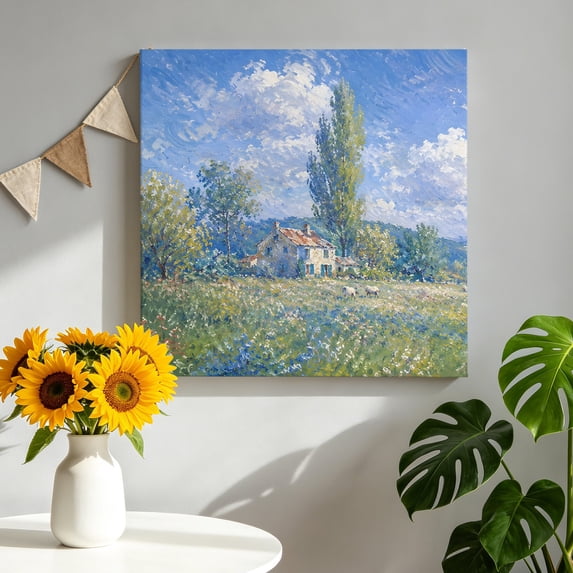 Farmhouse Hill Canvas Wall Art, Summer Flower Green Tree Cloud Oil ...