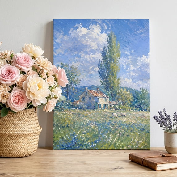 Farmhouse Hill Canvas Wall Art, Summer Flower Green Tree Cloud Oil ...