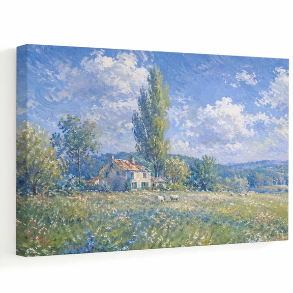 Farmhouse Hill Canvas Wall Art, Summer Flower Green Tree Cloud Oil Painting Texture Wall Art Prints Artwork Framed Canvas Ready to Hang Art Pictures for Large Dining Living Room Hallway 36" x 24"