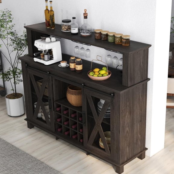 Farmhouse Home Bar with Sliding Barn Door, Coffee Station Organizer w/ LED Lights, Wine Racks, Glass Holders & Storage
