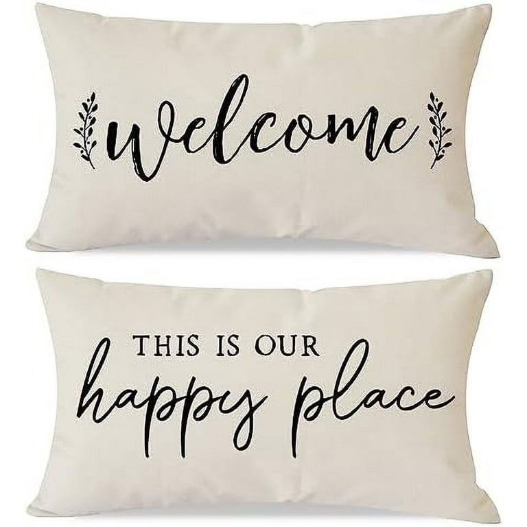 Farmhouse Home Decor Pillow Covers 12x20 Set of 2 for Living Room Bedroom Rustic Lumbar Decorative Throw Pillows Cases with Quotes Welcome This is Our Happy Place for Outdoor Porch Walmart